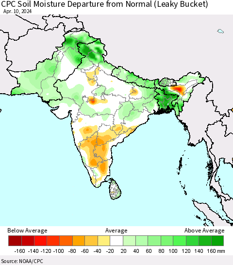 Southern Asia CPC Soil Moisture Departure from Normal (Leaky Bucket) Thematic Map For 4/6/2024 - 4/10/2024