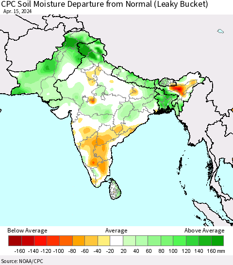 Southern Asia CPC Soil Moisture Departure from Normal (Leaky Bucket) Thematic Map For 4/11/2024 - 4/15/2024