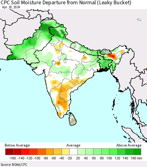 Southern Asia CPC Soil Moisture Departure from Normal (Leaky Bucket) Thematic Map For 4/16/2024 - 4/20/2024