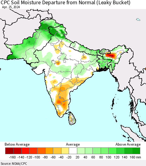 Southern Asia CPC Soil Moisture Departure from Normal (Leaky Bucket) Thematic Map For 4/21/2024 - 4/25/2024