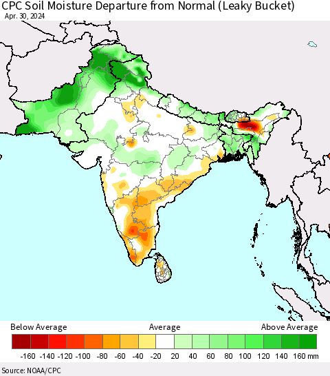 Southern Asia CPC Soil Moisture Departure from Normal (Leaky Bucket) Thematic Map For 4/26/2024 - 4/30/2024