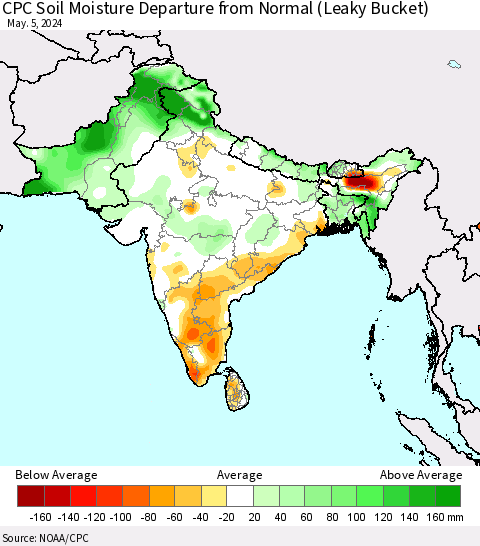 Southern Asia CPC Soil Moisture Departure from Normal (Leaky Bucket) Thematic Map For 5/1/2024 - 5/5/2024