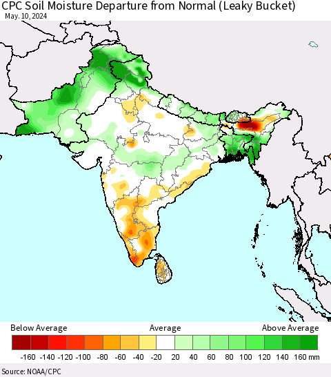 Southern Asia CPC Soil Moisture Departure from Normal (Leaky Bucket) Thematic Map For 5/6/2024 - 5/10/2024