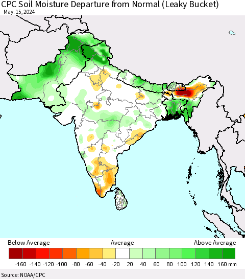 Southern Asia CPC Soil Moisture Departure from Normal (Leaky Bucket) Thematic Map For 5/11/2024 - 5/15/2024