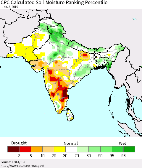 Southern Asia CPC Soil Moisture Ranking Percentile (Leaky Bucket) Thematic Map For 1/1/2019 - 1/5/2019