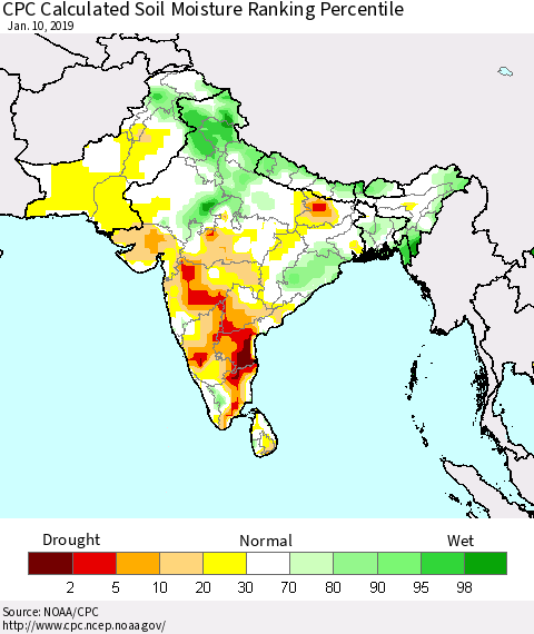 Southern Asia CPC Soil Moisture Ranking Percentile (Leaky Bucket) Thematic Map For 1/6/2019 - 1/10/2019