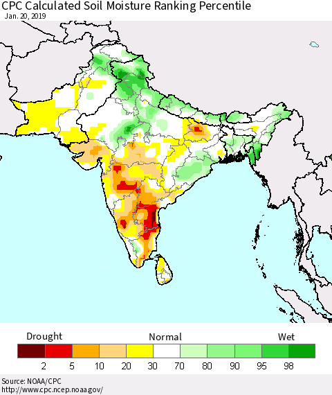 Southern Asia CPC Soil Moisture Ranking Percentile (Leaky Bucket) Thematic Map For 1/16/2019 - 1/20/2019
