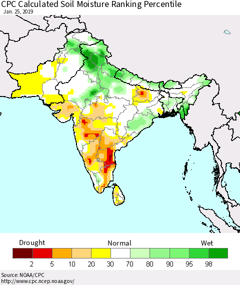 Southern Asia CPC Soil Moisture Ranking Percentile (Leaky Bucket) Thematic Map For 1/21/2019 - 1/25/2019