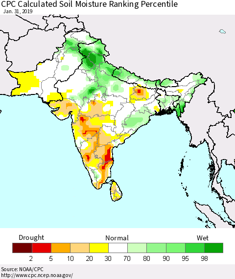 Southern Asia CPC Soil Moisture Ranking Percentile (Leaky Bucket) Thematic Map For 1/26/2019 - 1/31/2019