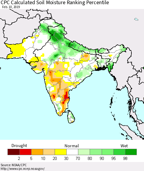Southern Asia CPC Soil Moisture Ranking Percentile (Leaky Bucket) Thematic Map For 2/6/2019 - 2/10/2019