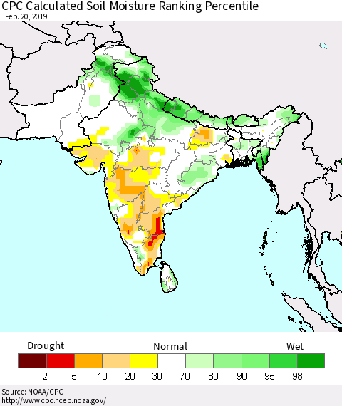 Southern Asia CPC Soil Moisture Ranking Percentile (Leaky Bucket) Thematic Map For 2/16/2019 - 2/20/2019