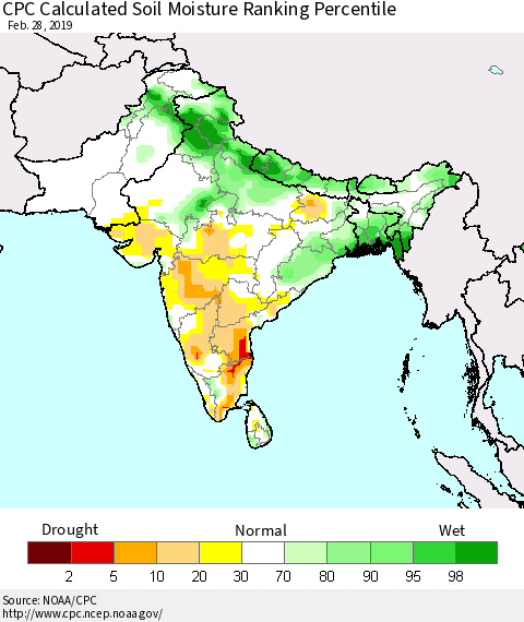 Southern Asia CPC Soil Moisture Ranking Percentile (Leaky Bucket) Thematic Map For 2/26/2019 - 2/28/2019