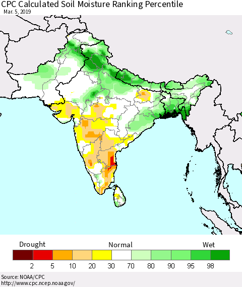 Southern Asia CPC Soil Moisture Ranking Percentile (Leaky Bucket) Thematic Map For 3/1/2019 - 3/5/2019