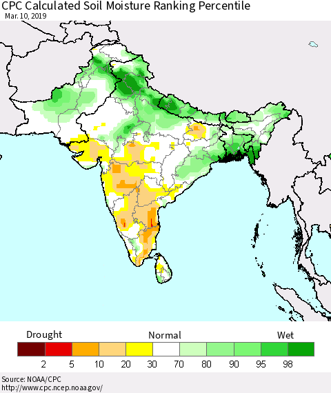Southern Asia CPC Soil Moisture Ranking Percentile (Leaky Bucket) Thematic Map For 3/6/2019 - 3/10/2019