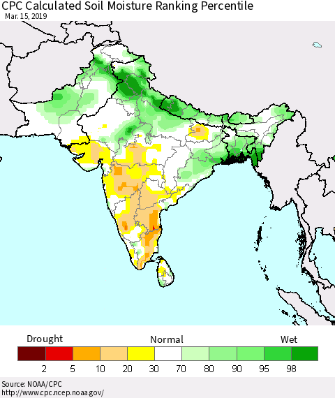 Southern Asia CPC Soil Moisture Ranking Percentile (Leaky Bucket) Thematic Map For 3/11/2019 - 3/15/2019