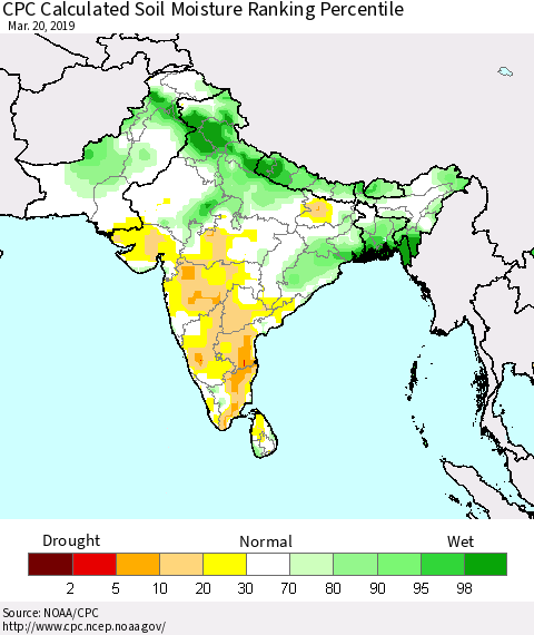 Southern Asia CPC Soil Moisture Ranking Percentile (Leaky Bucket) Thematic Map For 3/16/2019 - 3/20/2019
