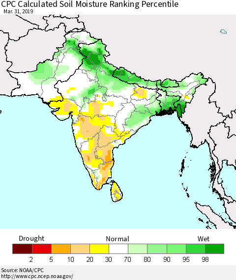 Southern Asia CPC Soil Moisture Ranking Percentile (Leaky Bucket) Thematic Map For 3/26/2019 - 3/31/2019