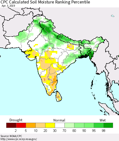 Southern Asia CPC Soil Moisture Ranking Percentile (Leaky Bucket) Thematic Map For 4/1/2019 - 4/5/2019