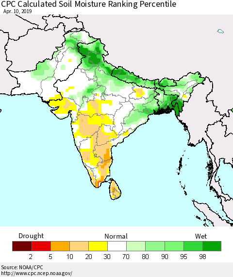 Southern Asia CPC Soil Moisture Ranking Percentile (Leaky Bucket) Thematic Map For 4/6/2019 - 4/10/2019