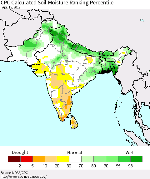 Southern Asia CPC Soil Moisture Ranking Percentile (Leaky Bucket) Thematic Map For 4/11/2019 - 4/15/2019