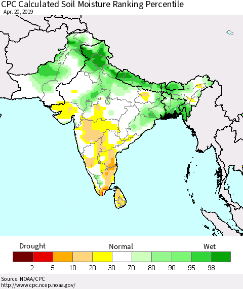 Southern Asia CPC Soil Moisture Ranking Percentile (Leaky Bucket) Thematic Map For 4/16/2019 - 4/20/2019