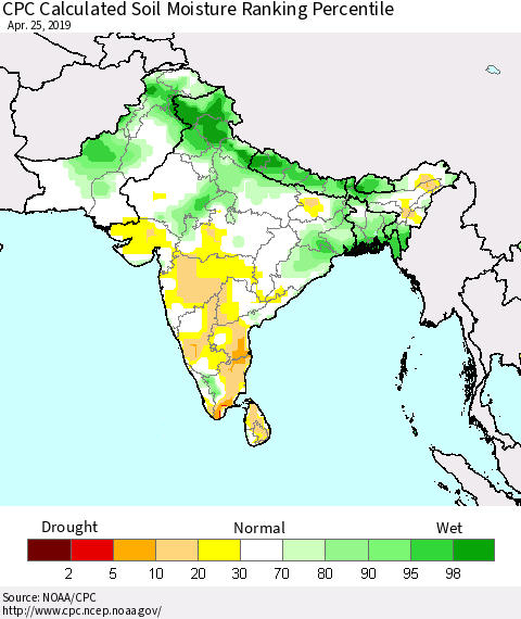 Southern Asia CPC Soil Moisture Ranking Percentile (Leaky Bucket) Thematic Map For 4/21/2019 - 4/25/2019