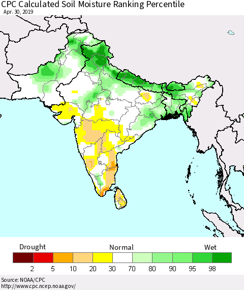 Southern Asia CPC Soil Moisture Ranking Percentile (Leaky Bucket) Thematic Map For 4/26/2019 - 4/30/2019