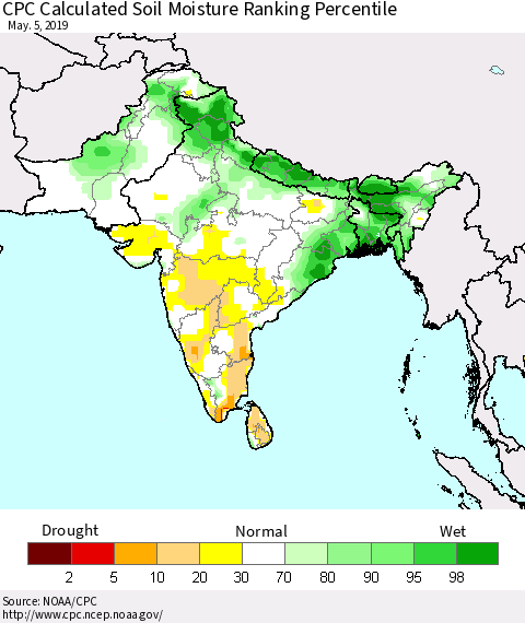 Southern Asia CPC Soil Moisture Ranking Percentile (Leaky Bucket) Thematic Map For 5/1/2019 - 5/5/2019