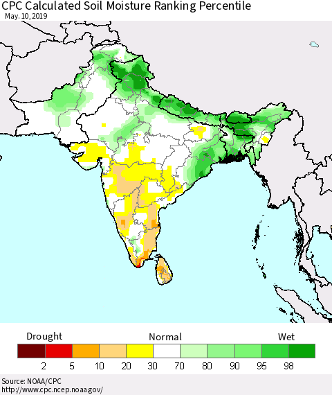 Southern Asia CPC Soil Moisture Ranking Percentile (Leaky Bucket) Thematic Map For 5/6/2019 - 5/10/2019