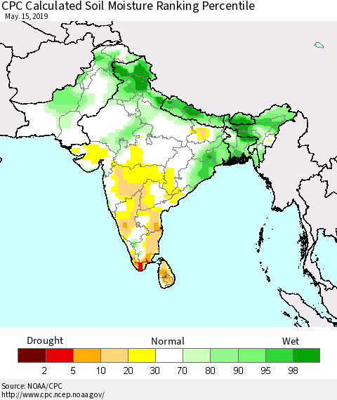Southern Asia CPC Soil Moisture Ranking Percentile (Leaky Bucket) Thematic Map For 5/11/2019 - 5/15/2019