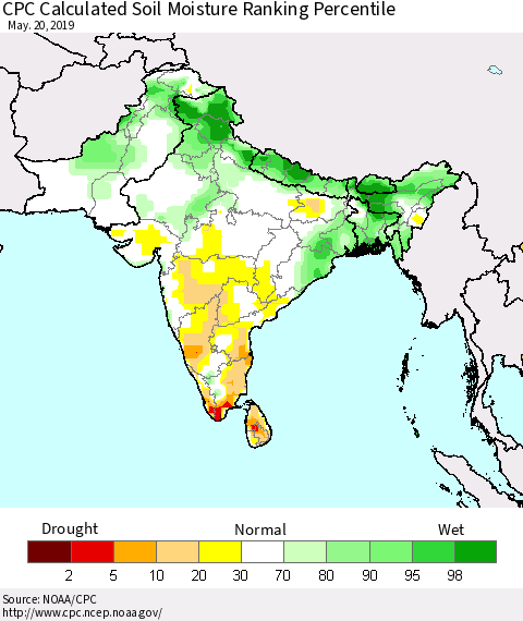 Southern Asia CPC Soil Moisture Ranking Percentile (Leaky Bucket) Thematic Map For 5/16/2019 - 5/20/2019
