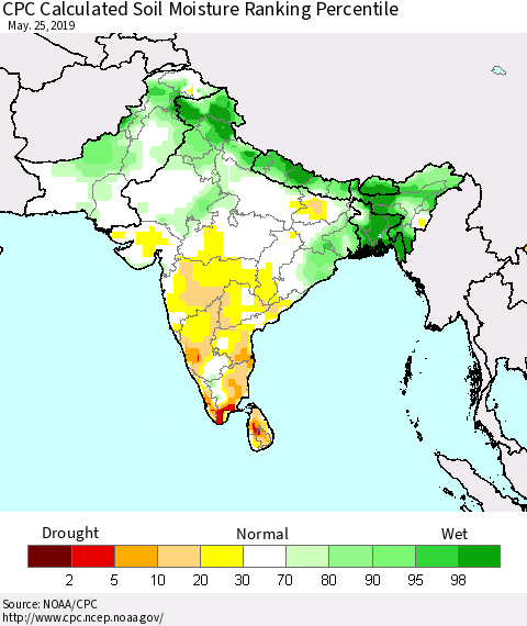 Southern Asia CPC Soil Moisture Ranking Percentile (Leaky Bucket) Thematic Map For 5/21/2019 - 5/25/2019