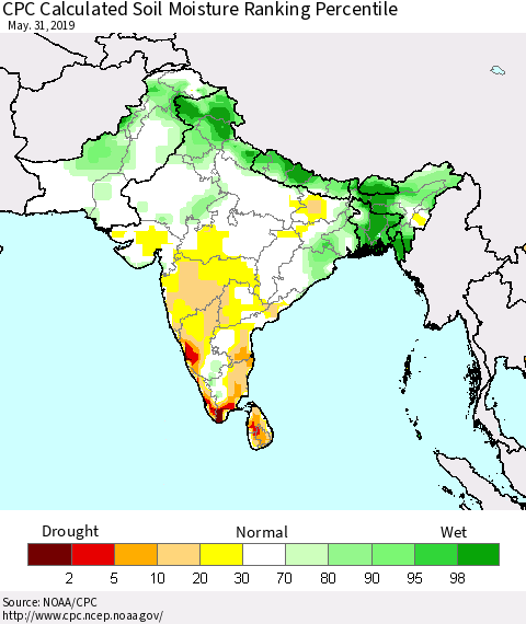 Southern Asia CPC Soil Moisture Ranking Percentile (Leaky Bucket) Thematic Map For 5/26/2019 - 5/31/2019