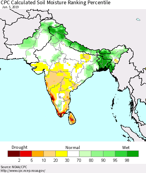Southern Asia CPC Soil Moisture Ranking Percentile (Leaky Bucket) Thematic Map For 6/1/2019 - 6/5/2019
