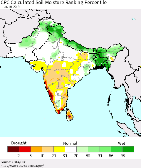 Southern Asia CPC Soil Moisture Ranking Percentile (Leaky Bucket) Thematic Map For 6/6/2019 - 6/10/2019