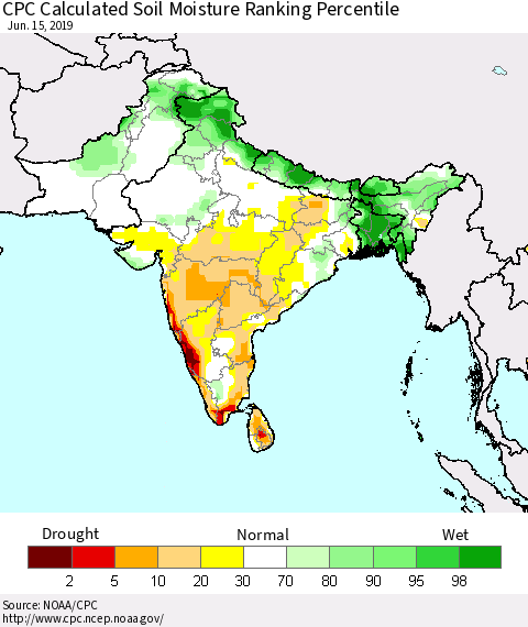 Southern Asia CPC Soil Moisture Ranking Percentile (Leaky Bucket) Thematic Map For 6/11/2019 - 6/15/2019