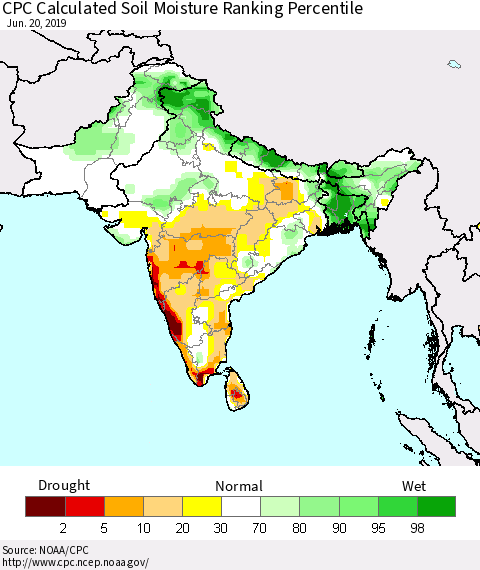 Southern Asia CPC Soil Moisture Ranking Percentile (Leaky Bucket) Thematic Map For 6/16/2019 - 6/20/2019