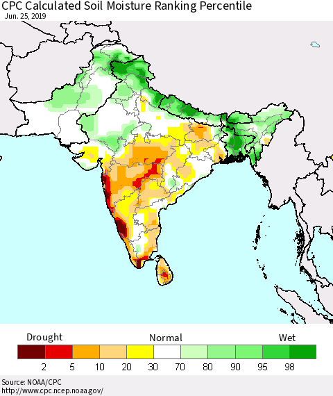 Southern Asia CPC Soil Moisture Ranking Percentile (Leaky Bucket) Thematic Map For 6/21/2019 - 6/25/2019