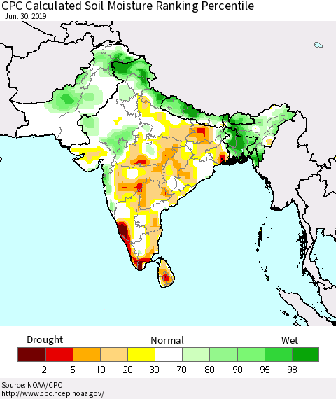 Southern Asia CPC Soil Moisture Ranking Percentile (Leaky Bucket) Thematic Map For 6/26/2019 - 6/30/2019