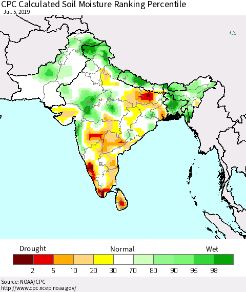 Southern Asia CPC Soil Moisture Ranking Percentile (Leaky Bucket) Thematic Map For 7/1/2019 - 7/5/2019