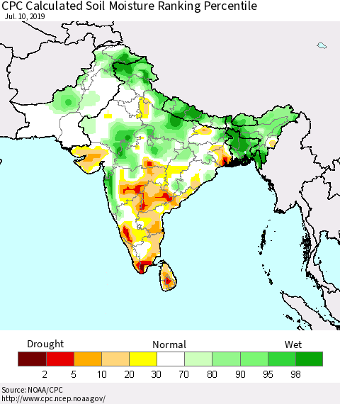 Southern Asia CPC Soil Moisture Ranking Percentile (Leaky Bucket) Thematic Map For 7/6/2019 - 7/10/2019