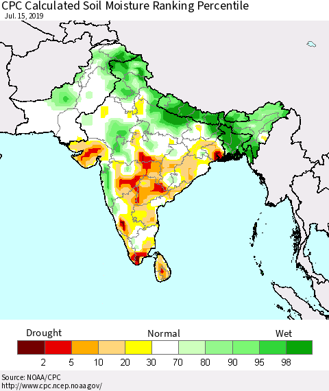 Southern Asia CPC Soil Moisture Ranking Percentile (Leaky Bucket) Thematic Map For 7/11/2019 - 7/15/2019