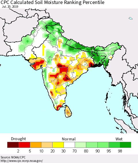 Southern Asia CPC Soil Moisture Ranking Percentile (Leaky Bucket) Thematic Map For 7/16/2019 - 7/20/2019