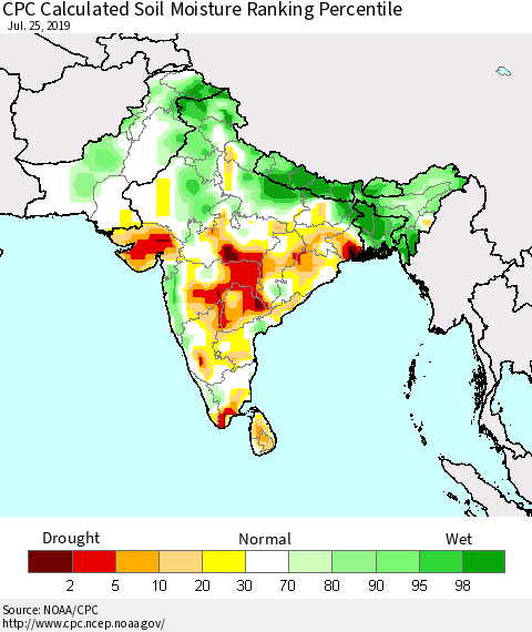 Southern Asia CPC Soil Moisture Ranking Percentile (Leaky Bucket) Thematic Map For 7/21/2019 - 7/25/2019