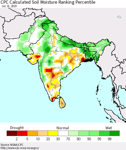 Southern Asia CPC Soil Moisture Ranking Percentile (Leaky Bucket) Thematic Map For 7/26/2019 - 7/31/2019