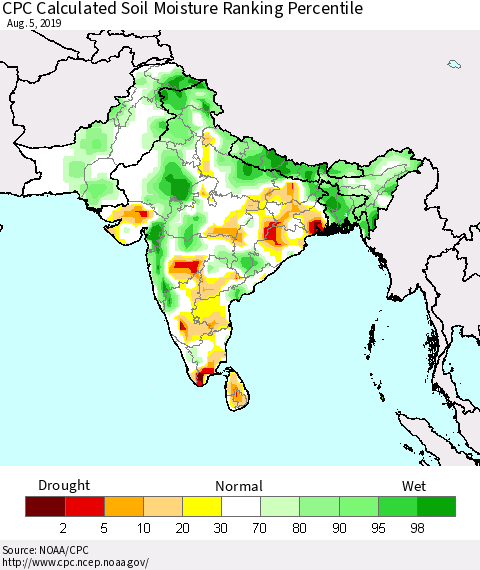 Southern Asia CPC Soil Moisture Ranking Percentile (Leaky Bucket) Thematic Map For 8/1/2019 - 8/5/2019