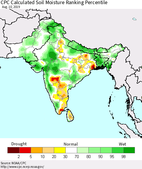 Southern Asia CPC Soil Moisture Ranking Percentile (Leaky Bucket) Thematic Map For 8/6/2019 - 8/10/2019