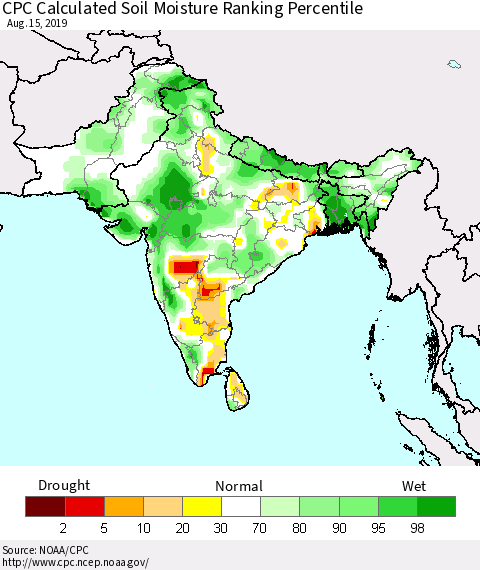 Southern Asia CPC Soil Moisture Ranking Percentile (Leaky Bucket) Thematic Map For 8/11/2019 - 8/15/2019