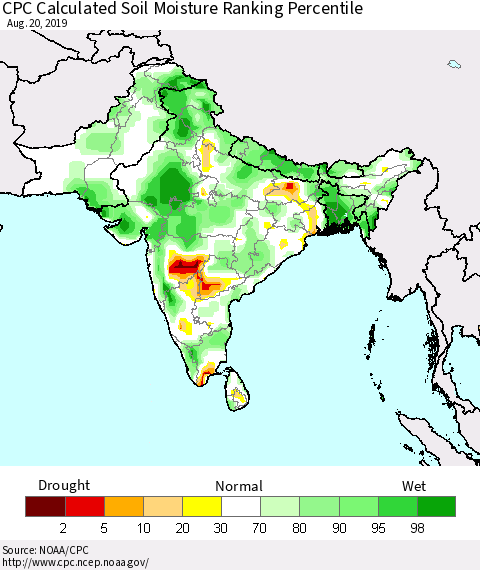 Southern Asia CPC Soil Moisture Ranking Percentile (Leaky Bucket) Thematic Map For 8/16/2019 - 8/20/2019