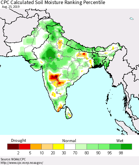 Southern Asia CPC Soil Moisture Ranking Percentile (Leaky Bucket) Thematic Map For 8/21/2019 - 8/25/2019